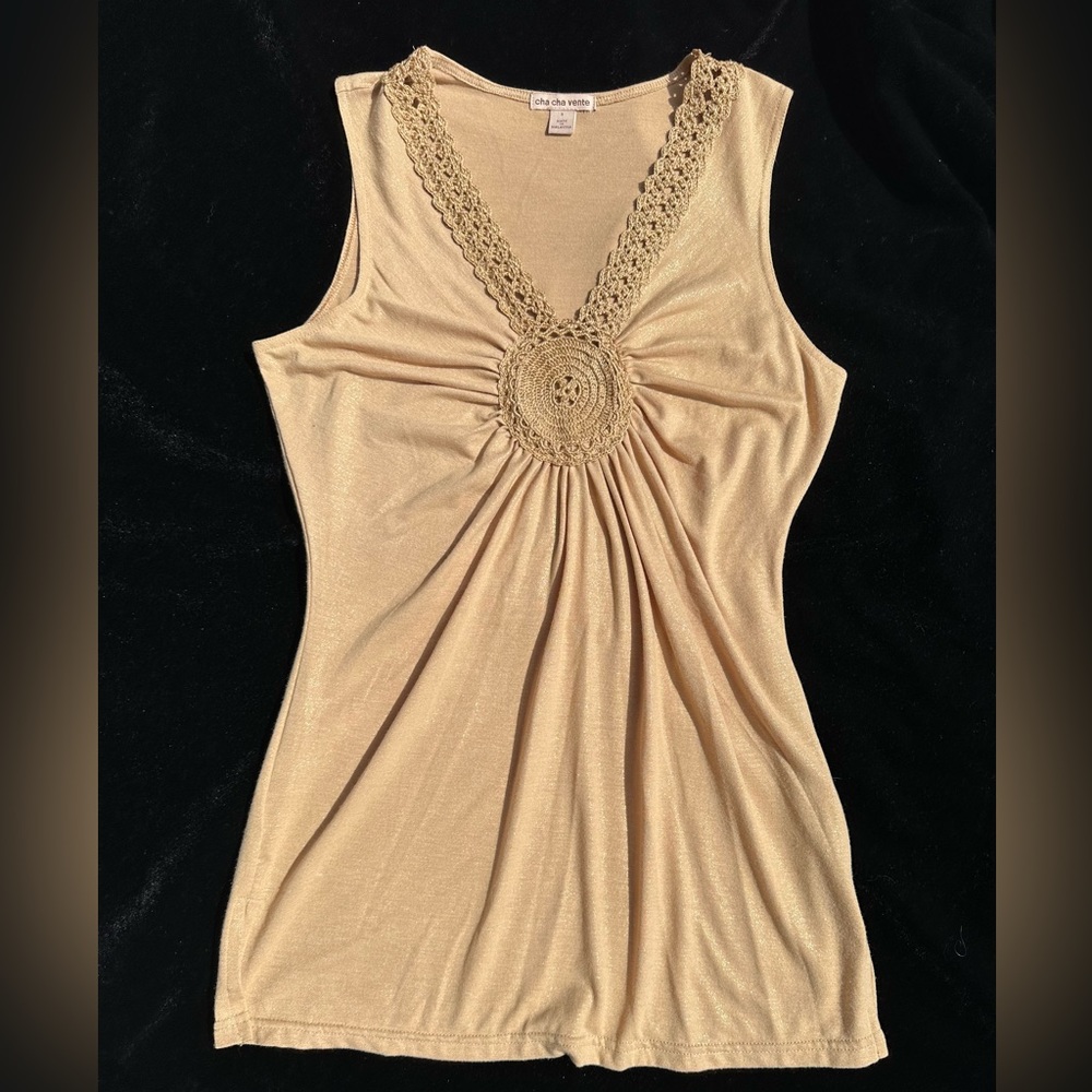 Cha Cha Vente Gold Sparkle Crochet Sleeveless Tank Top Small S
